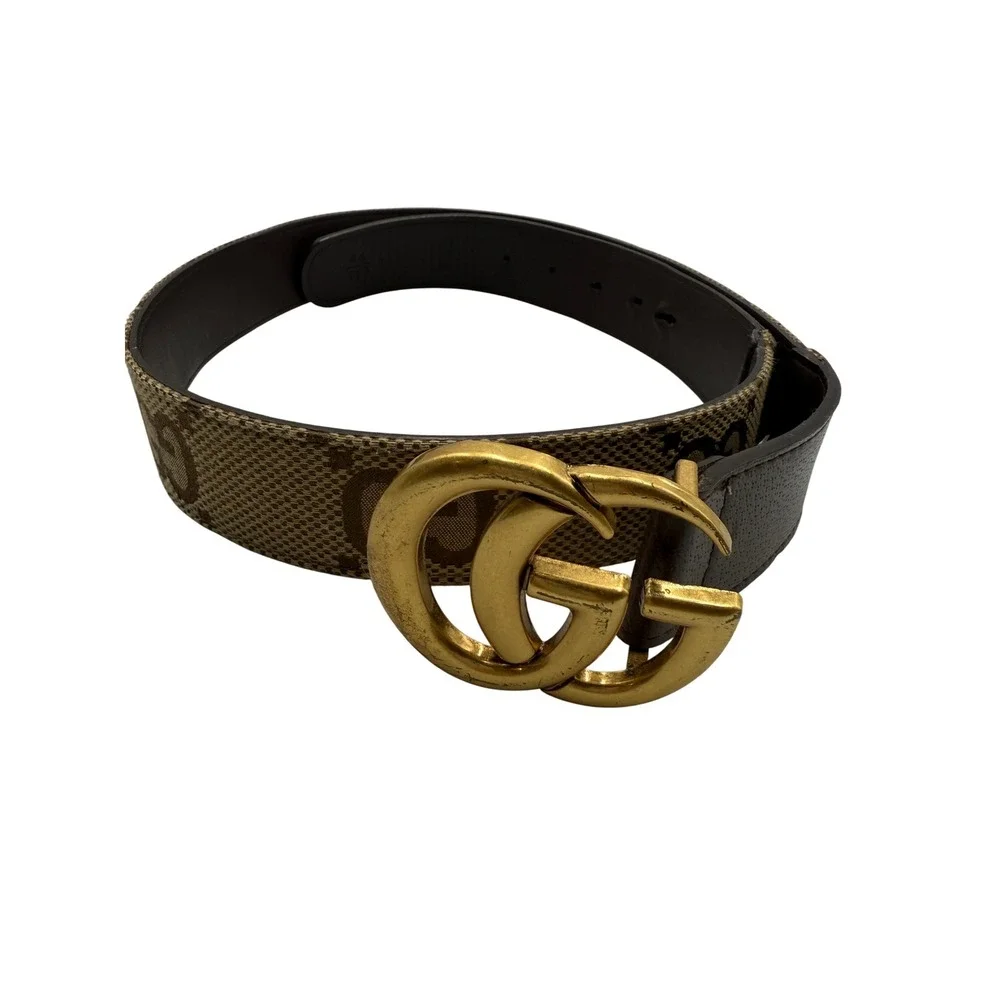 Gucci GG Marmont Belt Beige Canvas Brown Leather Gold GG Buckle Women's SZ 80CM‎